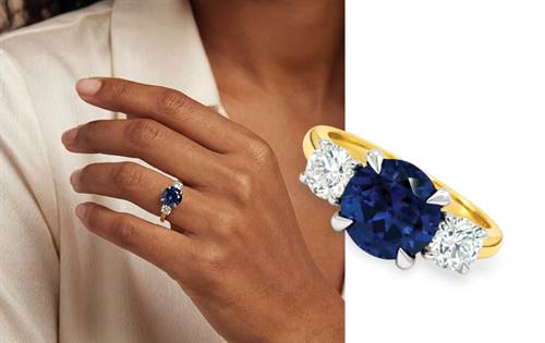 Bolton Gems: An 18k yellow/white gold trilogy ring featuring a 2.42ct Inverell Sapphire, flanked by 0.62ct diamonds, polished band. | Source: Bolton Gems