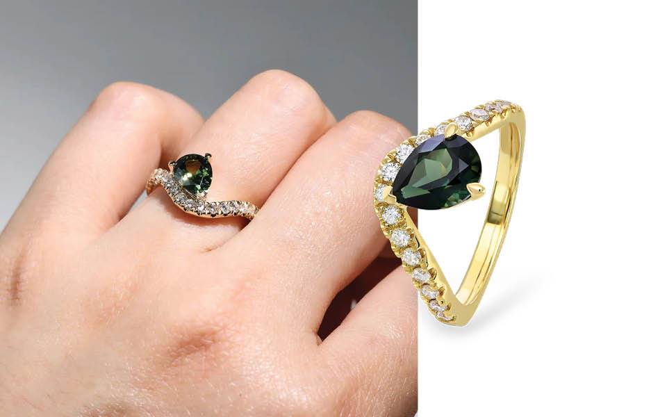 Elysia Pear Ring: Teal Australian sapphire in 18K yellow gold. Diamond-set band enhances brilliance. Perfect as a distinctive engagement ring or elevated everyday wear. | Source: Sapphire Dreams