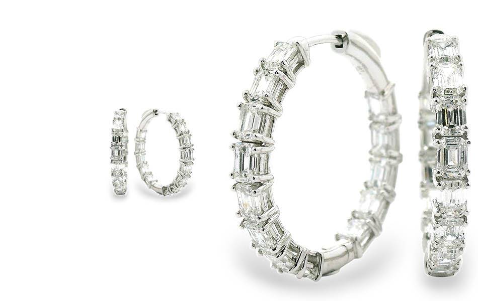18ct white gold hoops with channel-set emerald-cut diamonds for maximum fire. Timeless, modern, and versatile elegance.