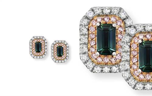  Bold, sophisticated glamour with emerald-cut Australian sapphires, Argyle pink diamonds, and brilliant whites in 18ct rose & white gold. Timeless statement.