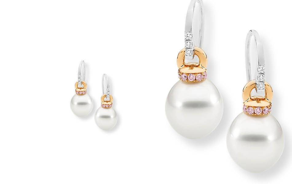 18ct white & rose gold featuring lustrous Australian South Sea pearls. Accented with Argyle pink diamonds. Refined balance & timeless elegance.