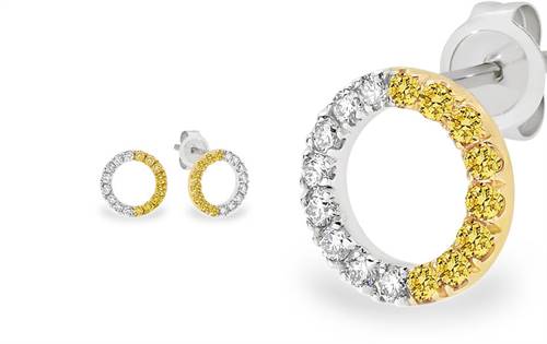 18ct white & yellow gold circular studs. Half white diamonds, half vibrant yellow diamonds. Modern, balanced contrast and radiant sparkle.