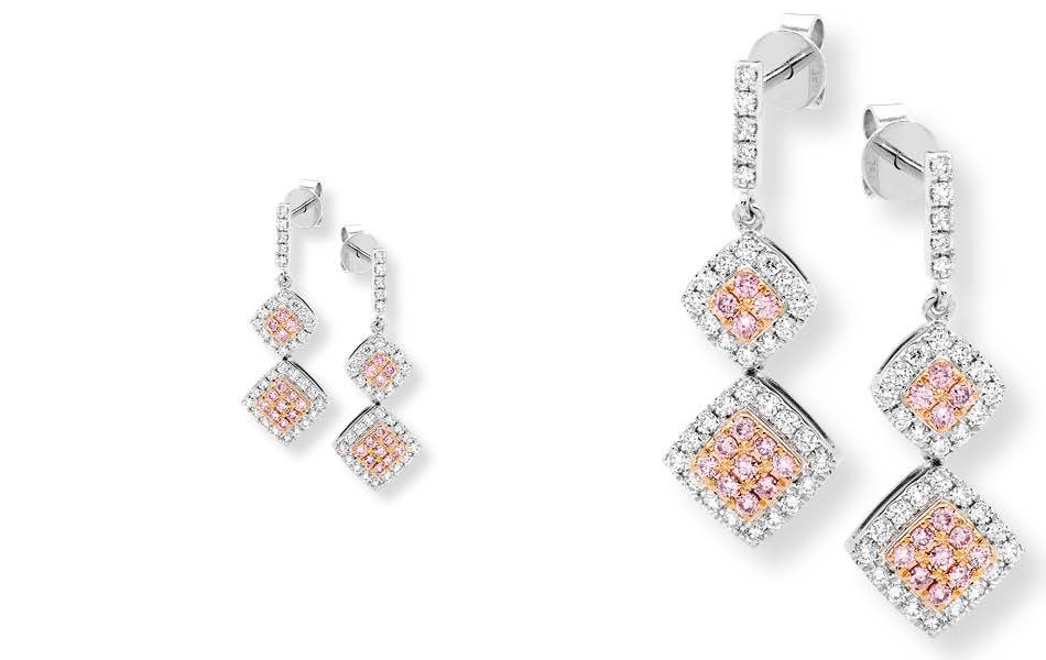 18ct white & rose gold. Articulated geometric forms, pavé-set with Argyle pink diamonds & white diamonds. Striking colour & contemporary elegance.
