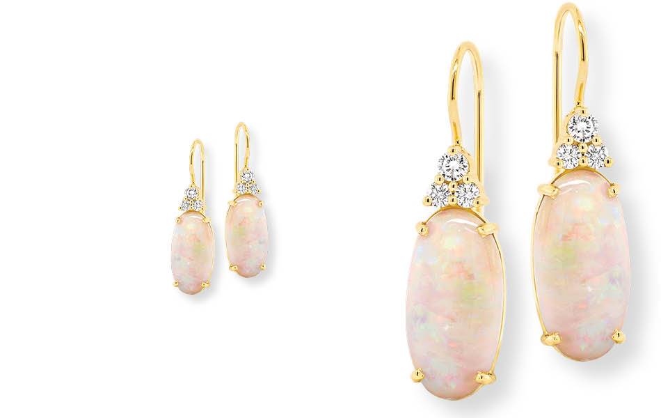 18ct yellow gold with elongated opals crowned by Argyle white diamonds. Warm gold enhances opal's colour. Graceful, feminine & timelessly sophisticated.