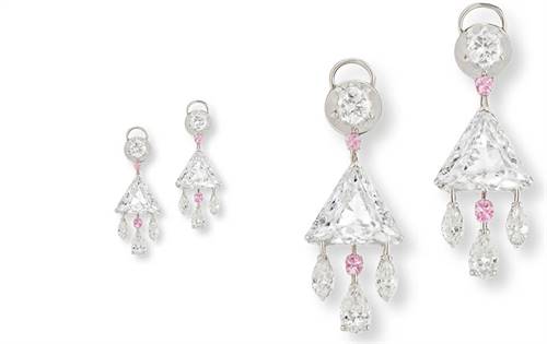 18ct gold earrings with 6.15ct shield-cut GIA diamonds (E/F colour), plus 2.26ct of mixed-cut diamonds & Argyle pink accents. Luminous, sculptural elegance.