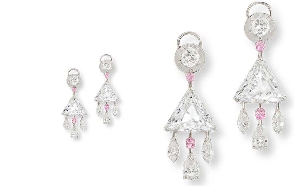 18ct gold earrings with 6.15ct shield-cut GIA diamonds (E/F colour), plus 2.26ct of mixed-cut diamonds & Argyle pink accents. Luminous, sculptural elegance.