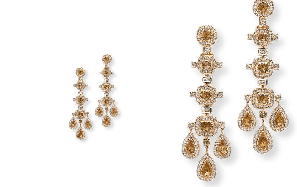 18ct gold earrings with 11.90ct of rich champagne diamonds and 3.58ct of white diamond haloes. Warm, opulent luxury for coloured diamond connoisseurs.