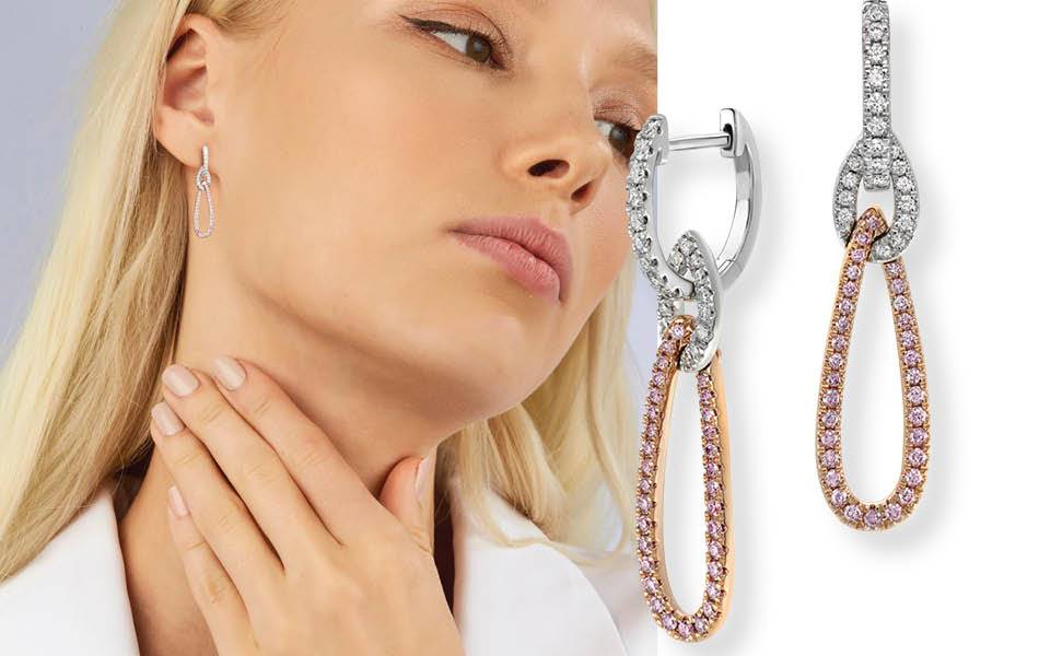 Dazzling Argyle pink & white diamonds in 18ct rose & white gold. Graceful, sparkling elegance for day or evening. A bold, modern luxury.