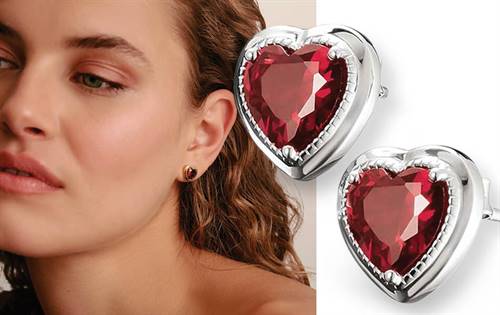 Delicate 925 sterling silver earrings with heart-cut garnet red zirconia stones. Express the language of love in a timeless, sparkling form.