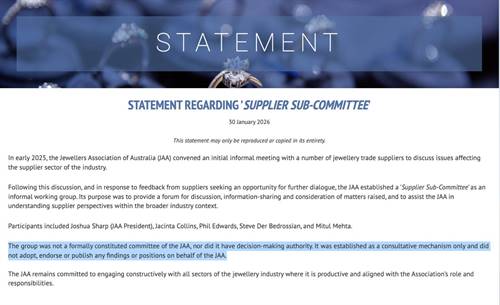 Having announced the important Supplier Sub Committee in April 2025, the JAA made no other mention of it until, and only after Jeweller raised questions, January 2026. The committee did not proceed and there was no outcome.