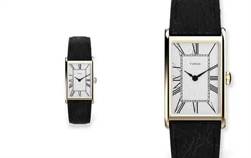 Understated elegance with a slim 21mm rectangular case and silver-tone dial. Refined, minimalist charm captures the decade's style. | Source: Timex - Designa Accessories