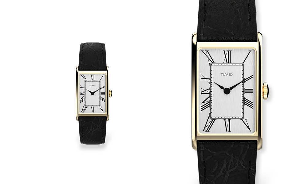 Understated elegance with a slim 21mm rectangular case and silver-tone dial. Refined, minimalist charm captures the decade's style. | Source: Timex - Designa Accessories