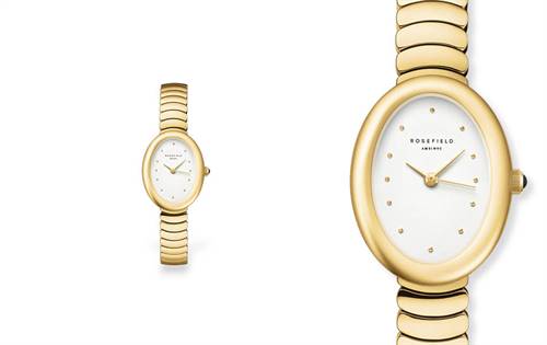 22mm oval timepiece exuding timeless elegance. White matte dial, gold-tone stainless steel bracelet & black Swarovski crystal detail. Modern & luxurious. | Source: Rosefield - Designa Accessories