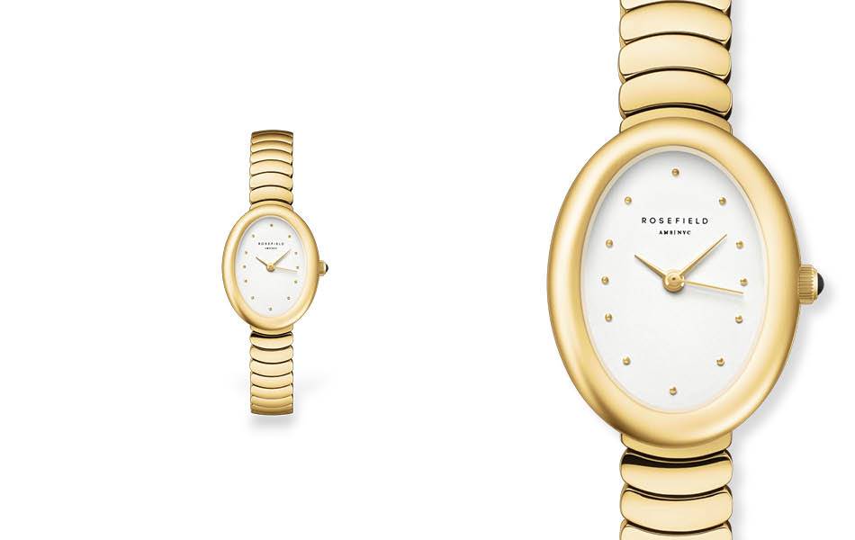 22mm oval timepiece exuding timeless elegance. White matte dial, gold-tone stainless steel bracelet & black Swarovski crystal detail. Modern & luxurious. | Source: Rosefield - Designa Accessories