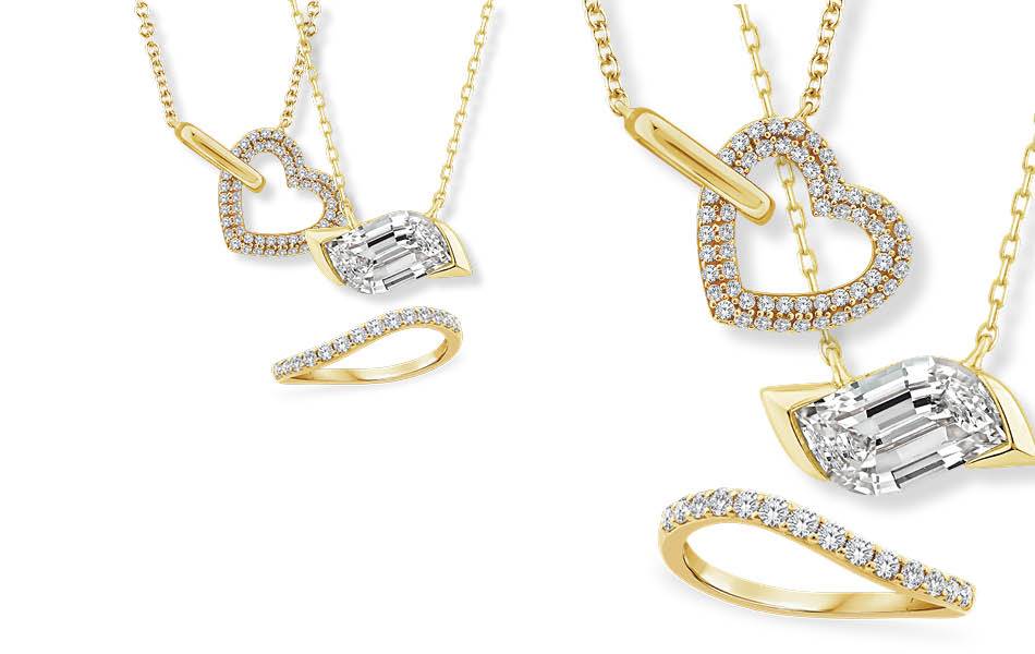 Elegant 9ct gold necklace with wave detail, gold vermeil heart necklace, and stylish wave-inspired gold vermeil ring. Elevate your everyday look. | Source: Lab Diamond by DGA - Duraflex