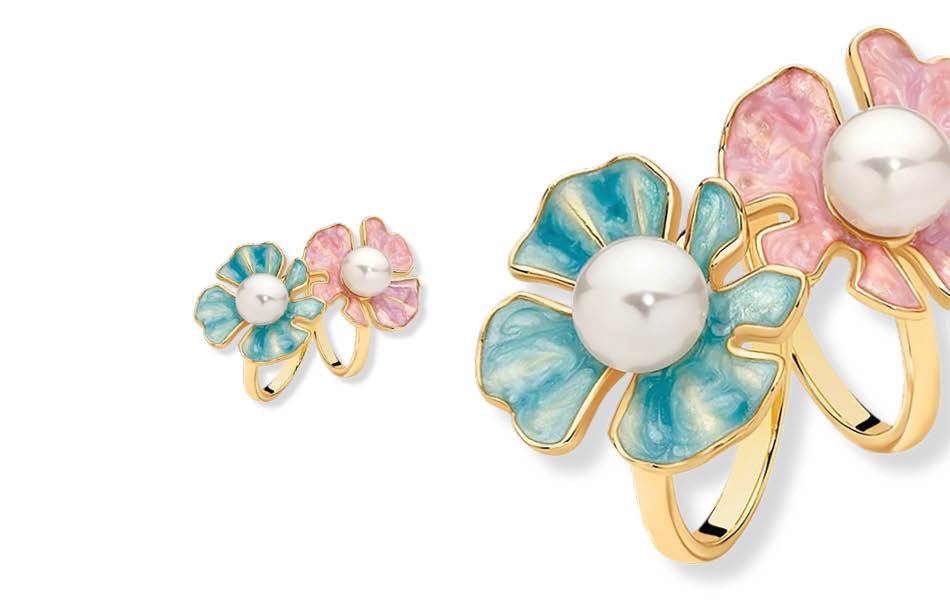 Sterling silver with yellow gold plating, detailed enamel petals & a luminous white freshwater pearl. Inspired by blooming florals, celebrating colour & craftsmanship. | Source: Ikecho Australia