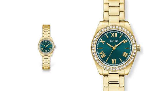 30mm timepiece with a polished pop of colour. Gold-tone case, bright crystals, & a teal sunray dial create a cool, luminous, feminine design. | Source: Guess - Designa Accessories