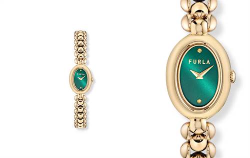 Jewellery artistry meets watchmaking. Luxurious green dial, 26mm oval case & polished gold-tone sphere bracelet. Capturing the soft elegance of the perlè trend. | Source: Furla - Designa Accessories