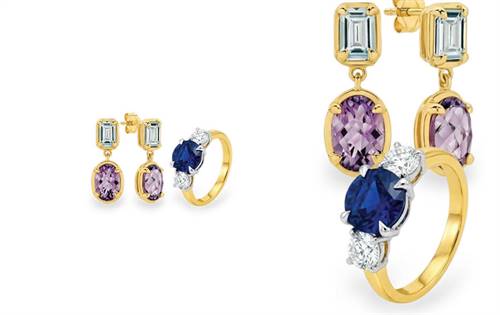 18ct gold trilogy ring with 2.42ct Inverell Sapphire & diamonds. 9ct gold Prisma Earrings with topaz & amethyst. Vibrant & elegant designs. | Source: Bolton Gems