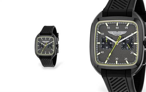 Bold, stylish 40x40mm black stainless-steel case with black dial & lime accents. Sporty black silicone strap & sapphire crystal for lasting resilience. | Souce: Aston Martin - Designa Accessories