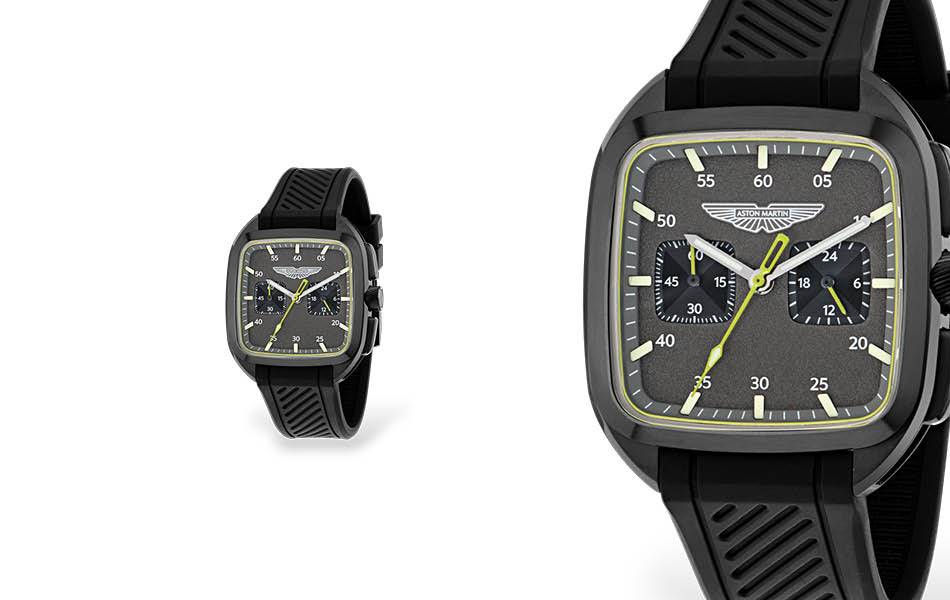Bold, stylish 40x40mm black stainless-steel case with black dial & lime accents. Sporty black silicone strap & sapphire crystal for lasting resilience. | Souce: Aston Martin - Designa Accessories
