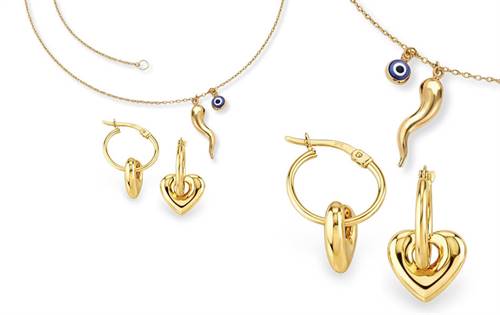 On-trend 9ct yellow gold hoop earrings with heart details. Exquisite necklace with Nazar charm & Cornicello pendant for protection & good fortune. | Source: 9k Gold by DGA - Duraflex