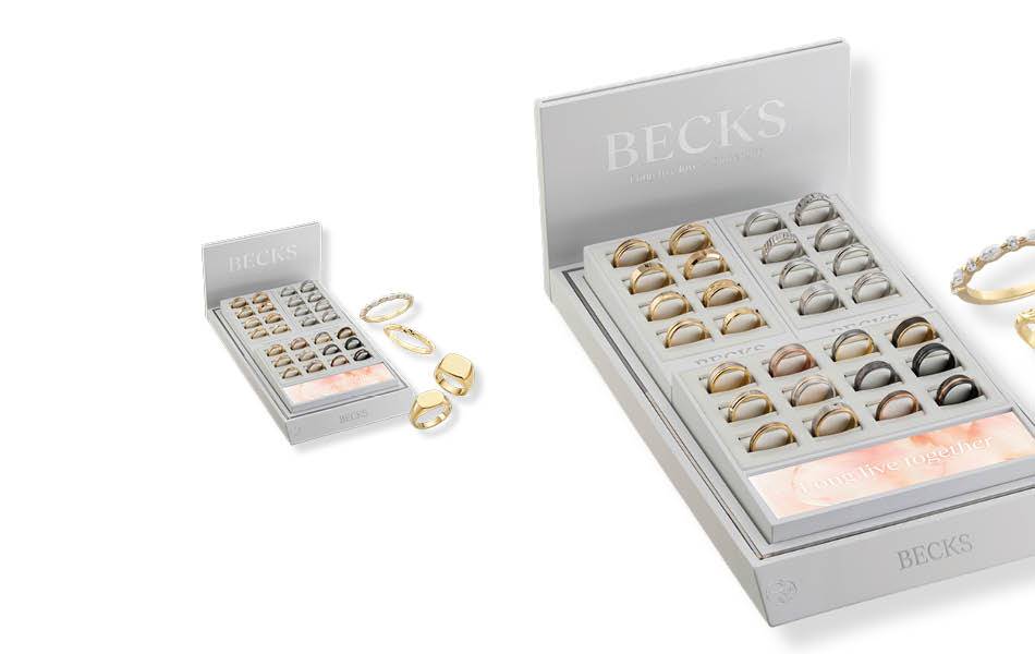 Showcase best-selling ring styles with beautifully built, professionally branded tray units. Available in two sizes, highlighting 50 years of quality & craftsmanship. | Source: Becks