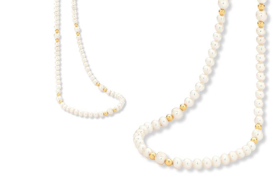 Timeless pearl necklace with luminous freshwater pearls & gold-plated sterling silver beads. Unique, lustrous pearls balanced by warm gold. Elegant pearl jewellery. | Source: Ikecho Australia