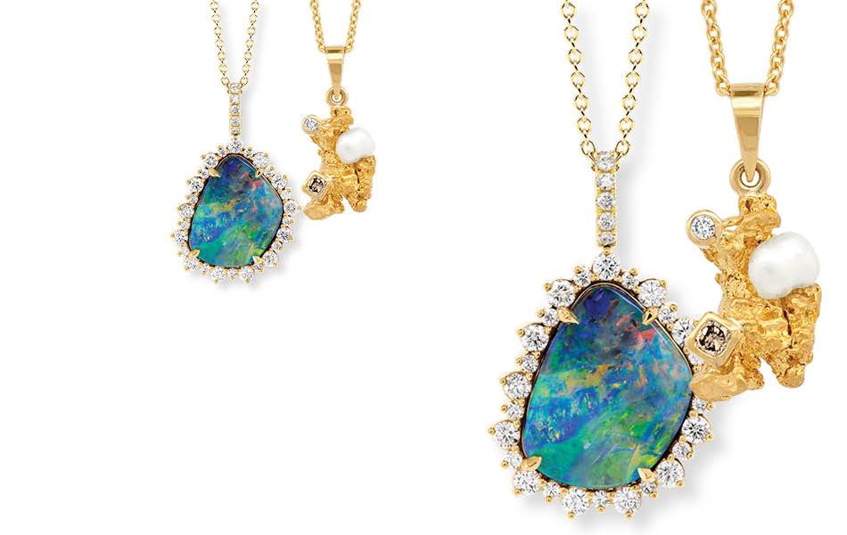 Distinctly Australian fine jewellery. Pendants pairing pearls, native gold nuggets, opals & Argyle diamonds. Provenance & craftsmanship in every piece. | Source: Soklich & Co.