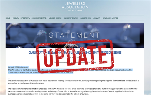 The Jewellers Association of Australia (JAA) addressed its error with a two-sentence correction, suggesting that it was a misstatement due to “an inadvertent error".
