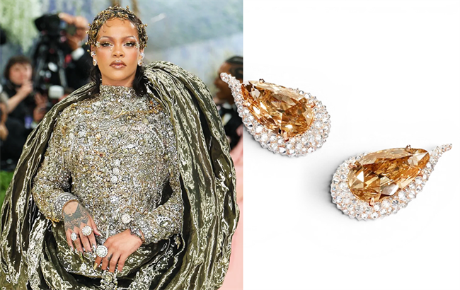 Rihanna arrives at the 2026 Met Gala in New York, celebrating “Costume Art” at the Metropolitan Museum of Art. She completed the look with Glenn Spiro’s extremely rare natural ‘Old Mughal Golconda’ diamond earrings. | Source: Only Natural Diamonds/Glenn Spiro