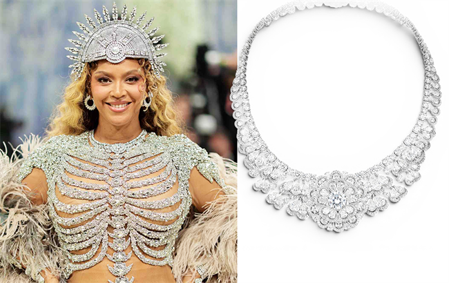 Beyoncé attends the 2026 Met Gala in New York, wearing a Chopard necklace with a 6.41-carat central diamond and 140 carats of additional diamonds from The Garden of Kalahari collection. | Source: Only Natural Diamonds/Chopard