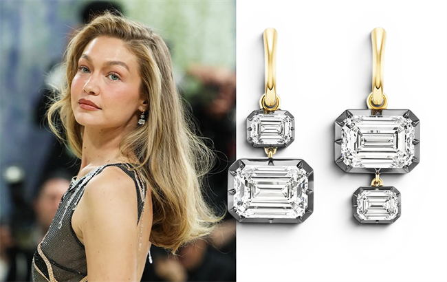 Gigi Hadid arrives at the 2026 Met Gala in New York, wearing Jessica McCormack’s Asymmetric Emerald Diamond Hoop Earrings. | Source: Only Natural Diamonds/Jessica McCormack