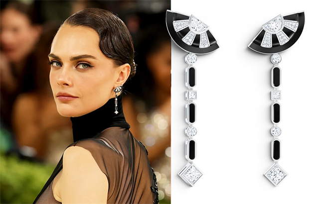 Cara Delevingne attends the 2026 Met Gala in New York, wearing De Beers Individuality earrings in white gold with multi-cut diamonds (4.13 carats) and lacquer from the Forces of Nature High Jewellery Collection. | Source: Only Natural Diamonds/De Beers