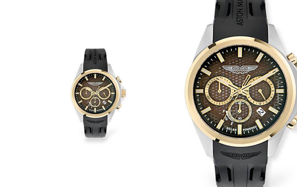 44mm steel case, solar movement, light brown dial, gold-tone details, sapphire-protected — crafted with Aston Martin’s signature precision. | Source: Aston Martin