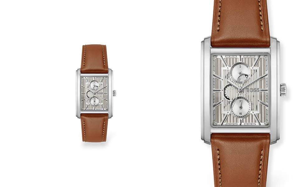 Architecturally inspired design with clean lines, rectangular case and detailed dial. Finished with a brown leather strap — modern, distinctive and precisely crafted. | Source: Boss