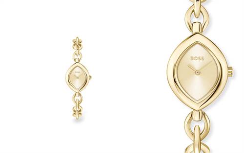 Sculptural design with fluid chain-link bracelet, minimalist champagne dial. Elegant, contemporary and wearable — striking through refined style. | Source: Boss