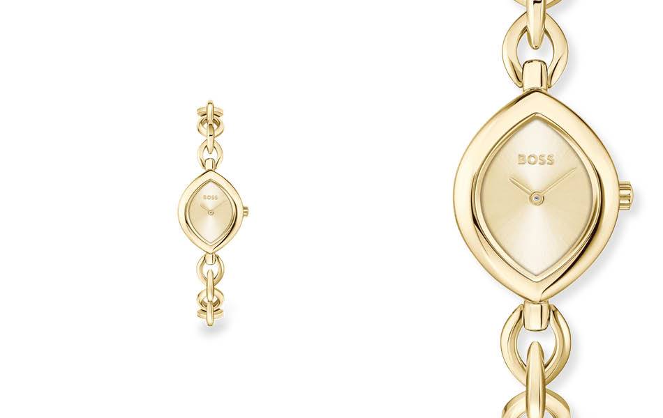 Sculptural design with fluid chain-link bracelet, minimalist champagne dial. Elegant, contemporary and wearable — striking through refined style. | Source: Boss