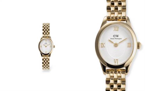 Oval case, sun-ray dial with Roman numerals, finished in lustrous gold PVD plating for refined everyday elegance. | Source: Daniel Wellington