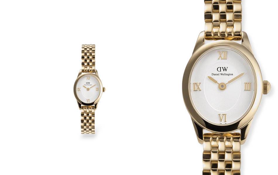 Oval case, sun-ray dial with Roman numerals, finished in lustrous gold PVD plating for refined everyday elegance. | Source: Daniel Wellington