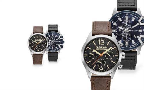 Stainless-steel cases, leather straps, 50m water resistance. Launching at the Sydney International Jewellery Fair. | Source: G-Star