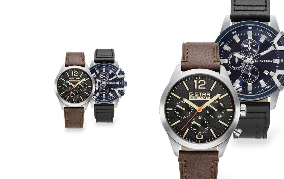 Stainless-steel cases, leather straps, 50m water resistance. Launching at the Sydney International Jewellery Fair. | Source: G-Star