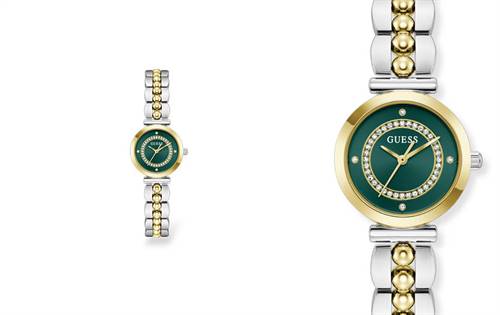 26mm gold-tone case, emerald green dial with crystals, halo bezel and mixed-tone bracelet — chic, feminine and effortlessly wearable. |  Source: Guess