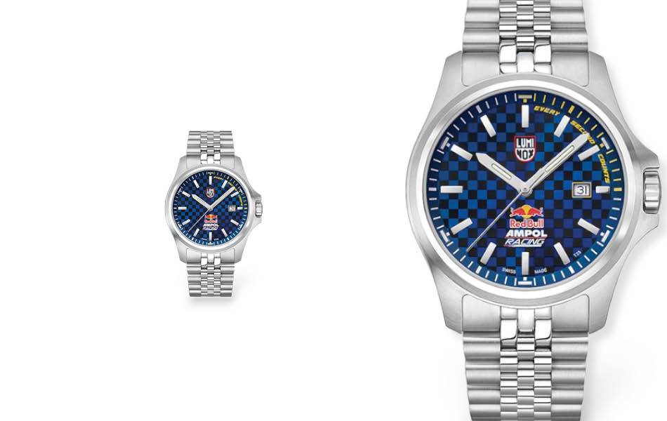 43mm steel case, blue checkered dial, bold design inspired by motorsport heritage. | Source: Luminox