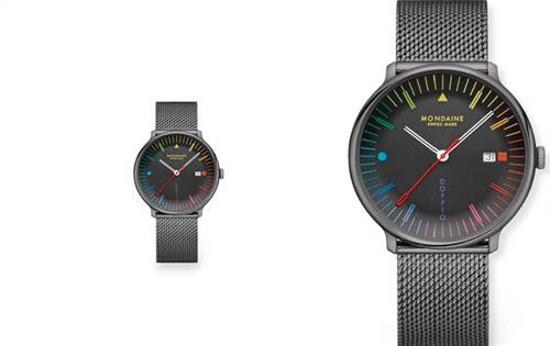 41mm watch with a striking black dial, blending modernist geometric design, refined tones, and strong visual contrast. | Source: Mondaine