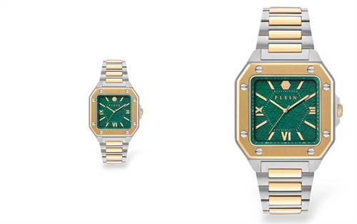 Square case, rich green dial, clean markers, mixed-tone bracelet — modern, polished and distinctly stylish. | Source: Philipp Plein