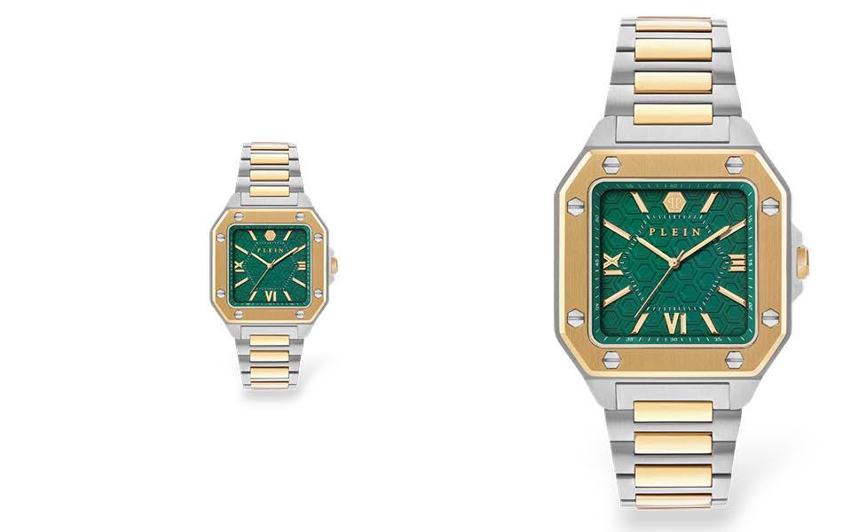 Square case, rich green dial, clean markers, mixed-tone bracelet — modern, polished and distinctly stylish. | Source: Philipp Plein