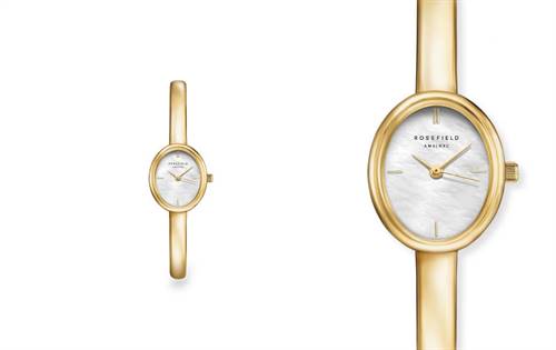 19.5mm gold-tone oval case, mother-of-pearl dial — elegant, minimal jewellery-style design for everyday sophistication. | Source: Rosefield