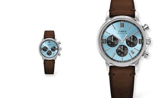 First in its line, ice blue dial, tachymeter, quick-release eco-friendly leather strap. | Source: Timex