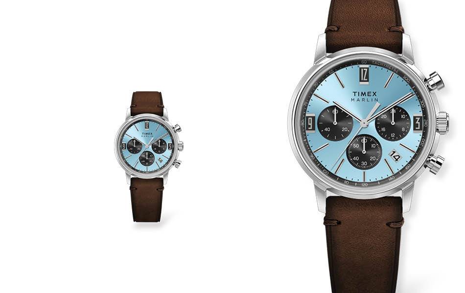 First in its line, ice blue dial, tachymeter, quick-release eco-friendly leather strap. | Source: Timex